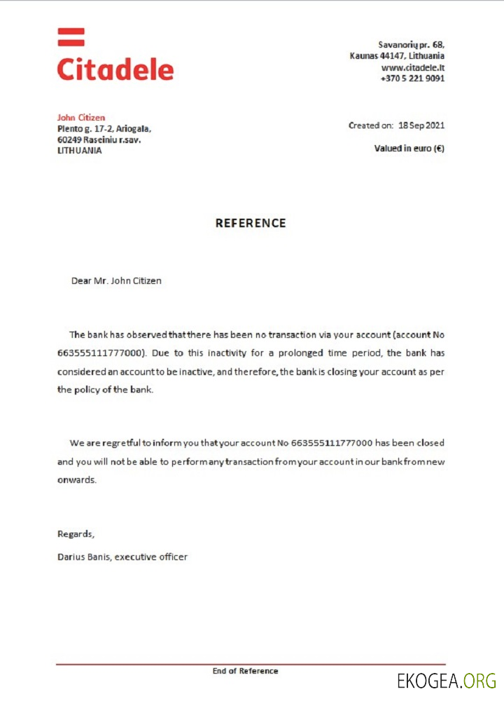 Référence Lituanie , Citadele bank , closure